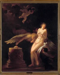 The Sacrifice of the Rose. A naked young woman in front of an altar of sacrifice on which lies a rose (her virginity?) and a winged creature. Painting by Jean Honoré Fragonard (1732-1806). 18th century. Private collection