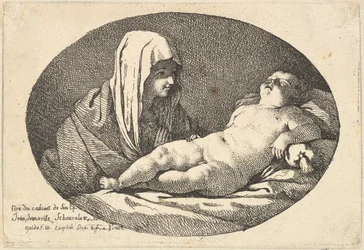 The Virgin at left watching the infant Christ as he sleeps, an oval composition