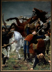 French Revolution: “Death of Joseph Bara (1779-1793)”. Joseph Bara or Barra (1780-1793) was a child hero of the French Revolution who fought in the Vendée for the Republic. Painting by Jean Joseph Weerts (1849-1927), 1883. Oil. 3.50 x 2.50 m. Paris, Musée