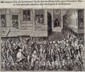 Entry of Henry IV (1553 - 1610) in Paris on 22 March 1594 and going to the Cathedral of Notre Dame to attend Mass - Engraving by Jean Lecler, after Bollery, Musee de Notre Dame de Paris