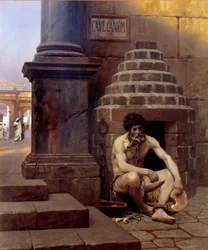 Cave canem. Prisoner of war in Rome, chained like a dog at the corner of a street. “Beware of the dog”. Painting by Jean Léon Gérôme (1824-1904), 19th century. Sun. 1,06x0,9 m. Vesoul, Musée Georges Garret - Cave Canem; A war prisoner in Rome, chained