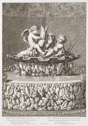 Fountain with two cupids riding a crayfish, designed by Jacques Houseau, at Versailles