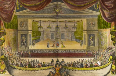 Representation of the Imaginary Invalid in Versailles. The play by Moliere in front of the cave of Thetis in the gardens of Versailles in the presence of King Louis XIV