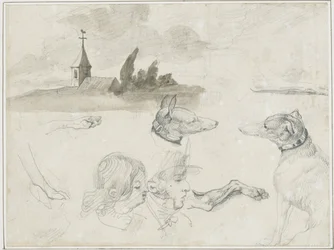 Sheet of Sketches: Greyhounds; A Male and a Female Head