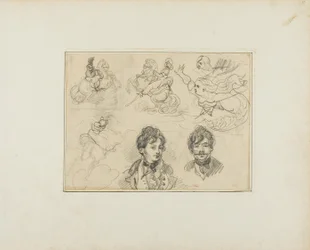 Sheet of Sketches: Riders, Mermaids and Two Portraits of Young Men