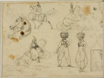 Sheet of Sketches: Soldiers, Horses and a Landscape