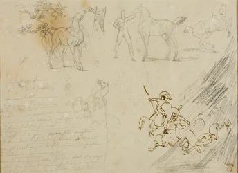 Sketches of Horses, Groom Holding Horse, a Cavalry Battle