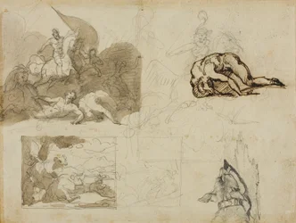 Sketches of a Cavalry Battle, A Landscape with Cows, and Other Compositions