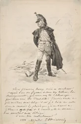 Letter to Samuel P. Avery with a drawing of a military figure, 1880