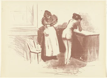 Nude woman washing herself, with a servant standing beside her. Sketch. The friction with the horsehair glove. The Ordeal (series title)