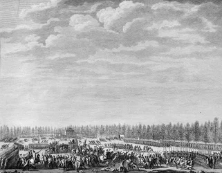 French Revolution: Gilbert du Motier, Marquis de la Fayette (1757-1834) had two hundred soldiers disarmed for indiscipline at the Champs Elysees in Paris on 12 January 1790. Engraving by Berthaut after Prior. Paris, Library of the Institute of History of R
