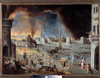 The Capture of Troy - Scene of the Trojan War, the city is devastated by the Greeks who penetrated the city thanks to the horse. Painting by Jean Maublanc (1582-1628). 17th century. Besançon, Museum of Fine Arts - The Fall of Troy - Scene of the Trojan War