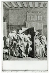 The Baron... saluted Candide with some notable kicks on the breech and drove him out of doors, illustration from chapter 1 of Candide by Francois Voltaire, engraved by Louis Michel Halbou