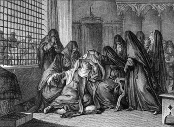 Abelard and Heloise: Heloise (1101-1164) taking the veil at the abbey of the women of Argenteuil. Engraving by Jean Michel Moreau, dit Moreau le Jeune (1741-1814)