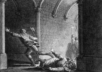 Assassination of Ebroin, mayor of the palace of Neustria, 681: he was killed with an axe by Hermanfroi, a lord whom he had robbed of his property. Engraving by Jean Michel Moreau, known as Moreau le Jeune (1741-1814)