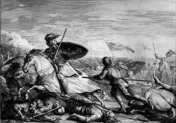 Battle of Fontenoy, 841: Flight of Lothaire I (795-855) After the Defeat of His Army. Engraving by Jean Michel Moreau, dit Moreau le Jeune (1741-1814)