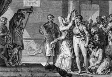 Ceremony of knighting under the Capetians (engraving by Jean Michel Moreau)