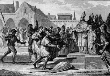 Charles III the Simple (879-929) is rebuilt on the throne of France by Foulques, Archbishop of Reims, 892. Engraving by Jean Michel Moreau, dit Moreau le Jeune (1741-1814)