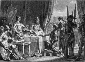 Charles Martel, King of the Francs, distributes the goods of the Church to his soldiers, 718. Engraving by Jean Michel Moreau, dit Moreau le Jeune