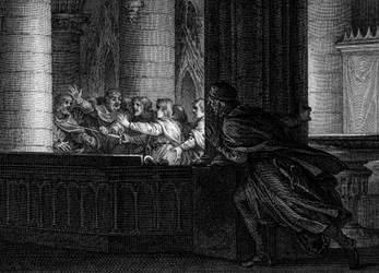Conspiracy against Charlemagne, 792: a lord surprises the conversation between conspirators planning the murder of the King of the Franks. Among them, Pepin the Hunchback (769-811), son of Charlemagne. Engraving by Jean Michel Moreau, known as Moreau the