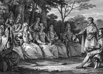 Court of Love in the Middle Ages in the presence of the troubadours - Engraving by Jean Michel Moreau, dit Moreau le Jeune (1741-1814)