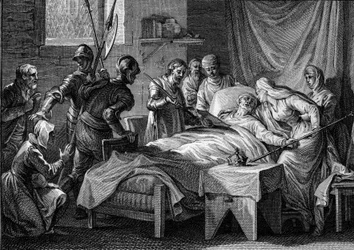Death and succession of Charles II the Bald (823-877), 877: the king handed over to the empress the imperial crown, his golden sceptre, the sword of Saint Peter and a testament by which he designates his son Louis the Stammerer for inheritance. Engraving b