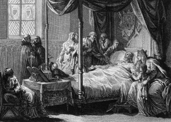 Death of Dagobert I in the presence of his wife, Queen Nantilde, and his son, the future Clovis II (engraving by Jean Michel Moreau)