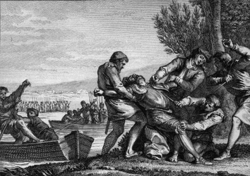 Death of William I of Normandy (910-942), assassinated by Flemings in Piquigny (Somme), 943. Engraving by Jean Michel Moreau, called Moreau the Younger (1741-1814)