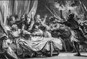 End of the Carolingian dynasty, 988: arrest of Charles (953-991), Duke of Lower Lorraine, by Hugues Capet (941-996) and his army. Engraving by Jean Michel Moreau, dit Moreau le Jeune (1741-1814)