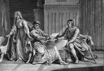 Louis the Fat (1081-1137) shows his father, Philip I (1052-1108), the letter in which he allegedly asked the King of England to assassinate Louis. Bertrade de Montfort (ca. 1070-1118), wife of Philippe and supposed author of the letter, is also present