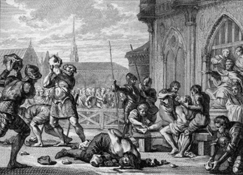 Martyr of Saint Leger and Count Guarin, 675: the eveque Saint Leger, on the right, has tongue and lips cut. His brother, Count Guarin is stoned. Engraving by Jean Michel Moreau, dit Moreau le Jeune