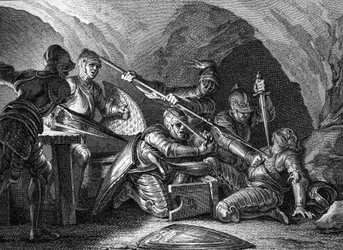 Meeting of the Duchy of Aquitaine to the Crown: Assassination of Waifre, Duke of Aquitaine (767 or 768). Engraving by Romanet after Moreau le jeune (1779).