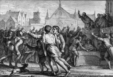Pope Urban II (1042-1099) haranguing the crowd at the Clermont Council to encourage the population to take part in the First Crusade and to receive the red cloth cross, symbol of the engravings