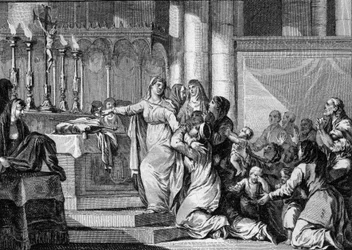 Sainte Bathilde (or Batilde, Bathylle, Beaudour) (626-680), Queen of the Francs and widow of Clovis II, decided to take the veil in the monastery of Chelles in 665. His subjects try to stop him. Engraving by Jean Michel Moreau, dit Moreau le Jeune (1741-18