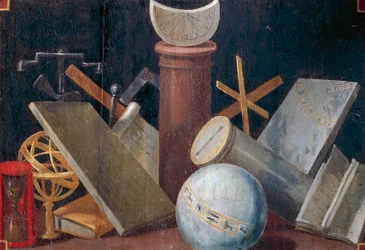 Scientific and astronomical instruments, ca 1620, panel painting by Jean Mosnier