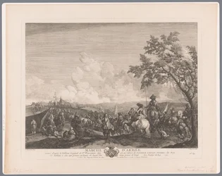 Soldiers and commanders in an army camp; Army March (title on object); Prints after paintings by Philips Wouwerman (series title); Works of the Dutchman Philips Wouwerman (series title)