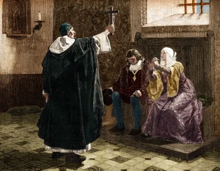 The great Spanish inquisitor, Fray Tomas de Torquemada, among the Catholic kings Ferdinand II and Isabella I of Castile