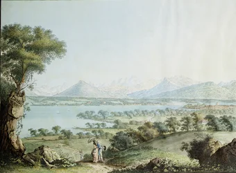 View of Mont Blanc with Geneva in the foreground, engraved by Jean Philippe Linck II and Jacob Philippe Hackert