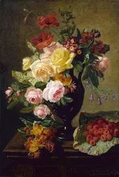 Roses, Poppies, Wallflowers in a Vase with Raspberries