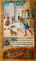Miniature with Dives, feasting with his wife and approached by Lazarus, in a cityscape, followed in the lower border by Dives tormented by demons and watched by the soul of Lazarus, which is held by God in heaven