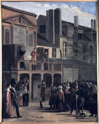 The Parade of Bobèche and Galimafre, Painting by Jean Roller, Representing a Crowd Watching a Street Show. Oil Painting of the 19th Century.