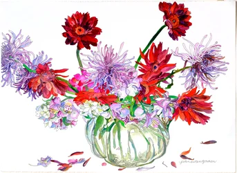 Gerbera Daisies, Star of Bethlehem, Spider Chrysanthemums, Heisey Pitcher, 2000
