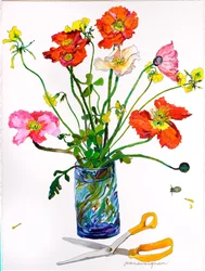 Poppies, Blue Vase & Scissors