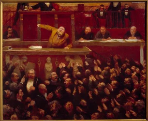 The socialist deputy Jean Jaurès (1859-1914) at the rostrum of the Chamber of Deputies. Painting by Jean Veber (1868-1928), 1903. Paris, Musée Carnavalet