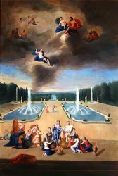 Groves of Versailles. View of the water parterre and the cabinets of animals, with priestesses preparing a sacrifice for Venus