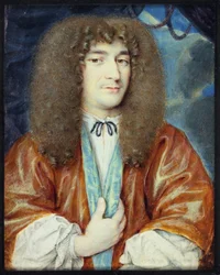 A Gentleman in white shirt and orange gown lined with blue silk, long light brown wig