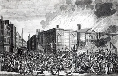 An Exact Representation of the Burning, Plundering and Destruction of Newgate by the Rioters on the Memorable 7th June 1780, engraved by Henry Roberts, 1781