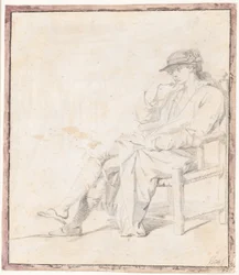 A Young Man in a Hat and Dressing Gown. Full Figure Sitting, Facing Left