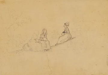 Three Ladies with Muffs on a Slope Outdoors, Behind Them a Fourth Figure with a Child in Arms