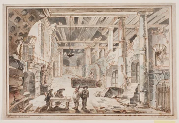 Prison Scene with Polichinel and a Jailer at a Table with Two Judges?